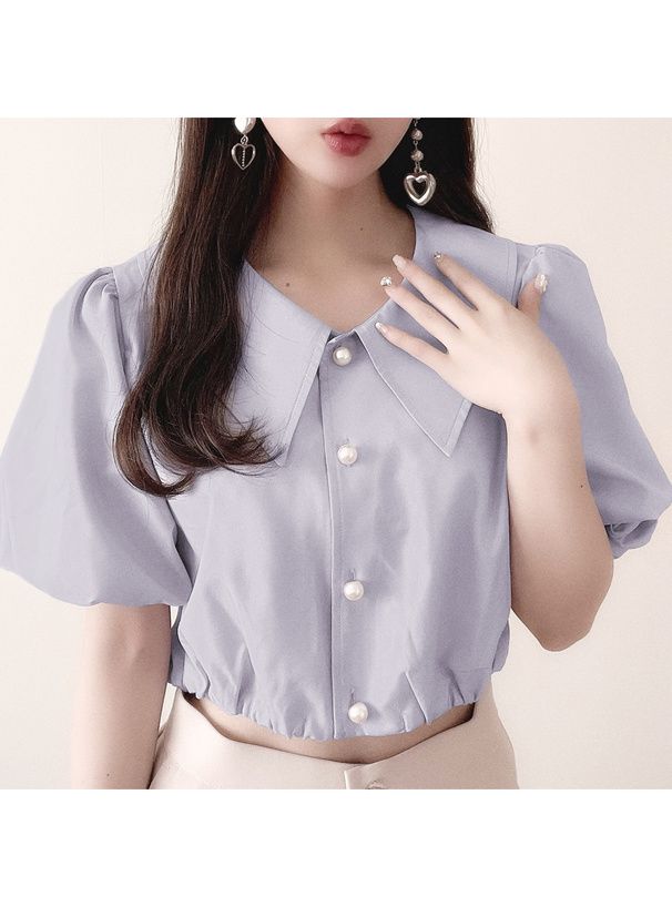 日本 GRL - 浪漫翻領珍珠釦泡泡袖襯衫-淺水藍 (F)