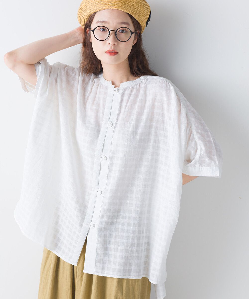 日本女裝代購 - 100%印度棉 透氣淺格紋短袖襯衫-活力紅