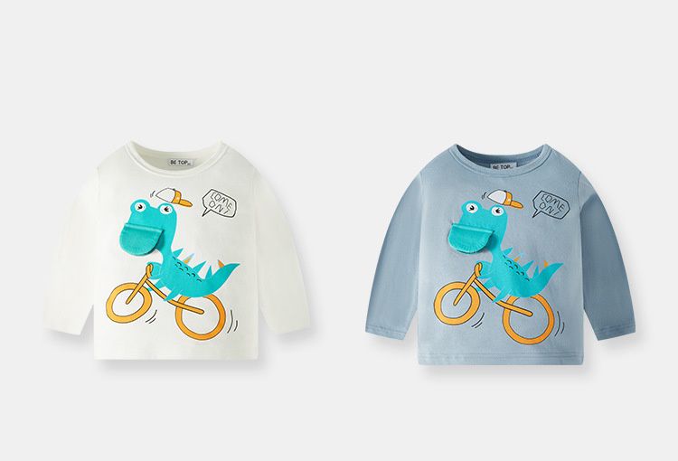 純棉圓領立體長袖上衣-翻翻嘴恐龍-米白色