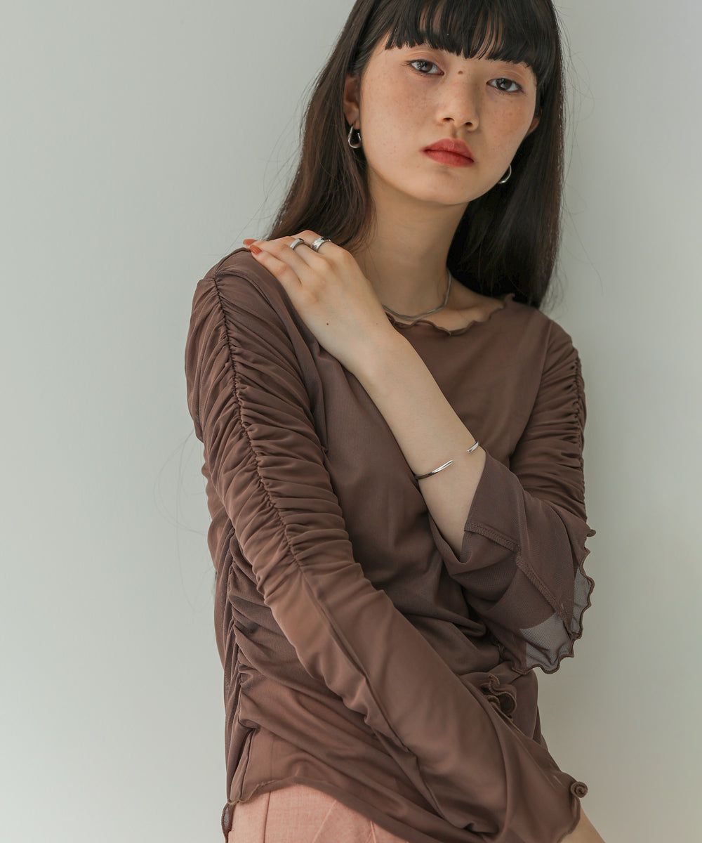 日本 Bab - 時尚透感抓皺長袖內搭/上衣-深可可