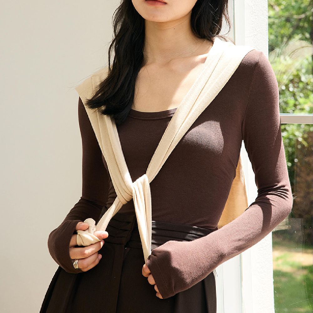 輕柔暖感4.6%羊毛天絲修飾U領長袖上衣-琉璃棕