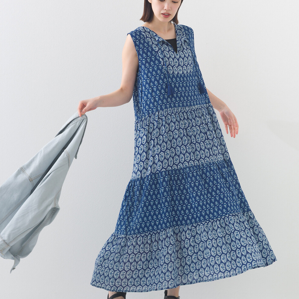 100%印度棉 奢華印花流蘇無袖洋裝-寶藍