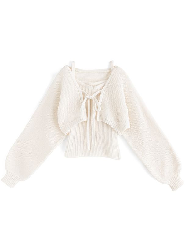 日本 GRL - 羅紋針織內搭泡泡袖外套兩件組-寶貝藍