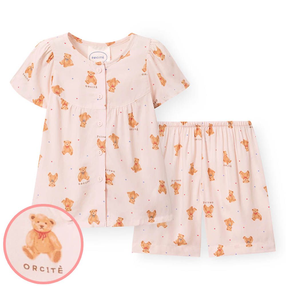 (女寶)輕柔嫘縈短袖睡衣套裝-熊熊玩偶-粉膚