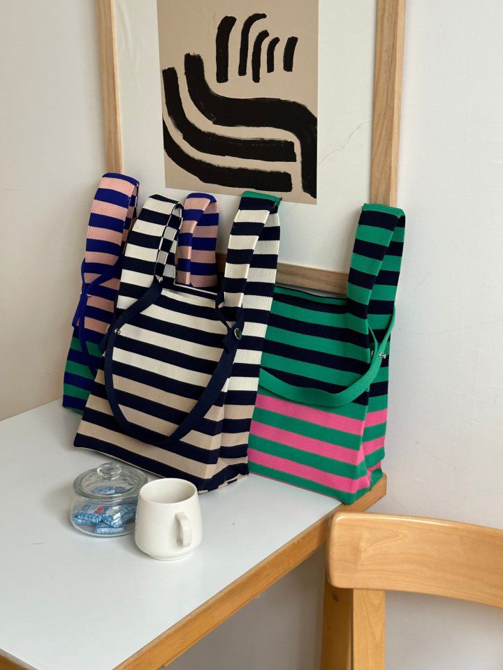 韓國 SOPHIENBONNE - 橫紋撞色針織手提/肩背包-米白X卡其 (M)