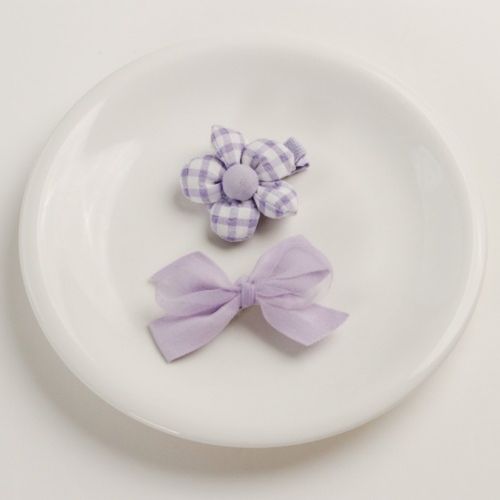 甜美印花布藝髮夾2件組-格紋花朵+蝴蝶結-紫色