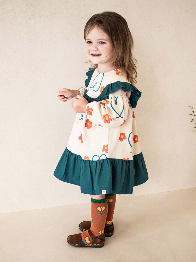 韓國Pimpollo - 微笑花朵荷葉邊洋裝-橘