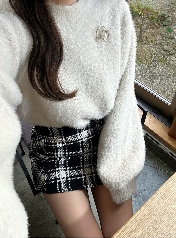 日本 GRL - 浪漫感毛海針織上衣(附珍珠胸針)-藍 (F)