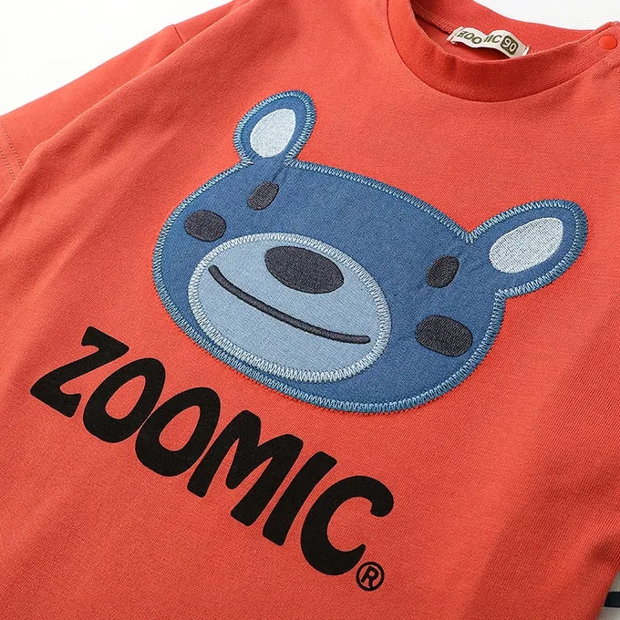 日本 ZOOLAND - 丹寧風小熊長袖上衣-假二件袖-紅