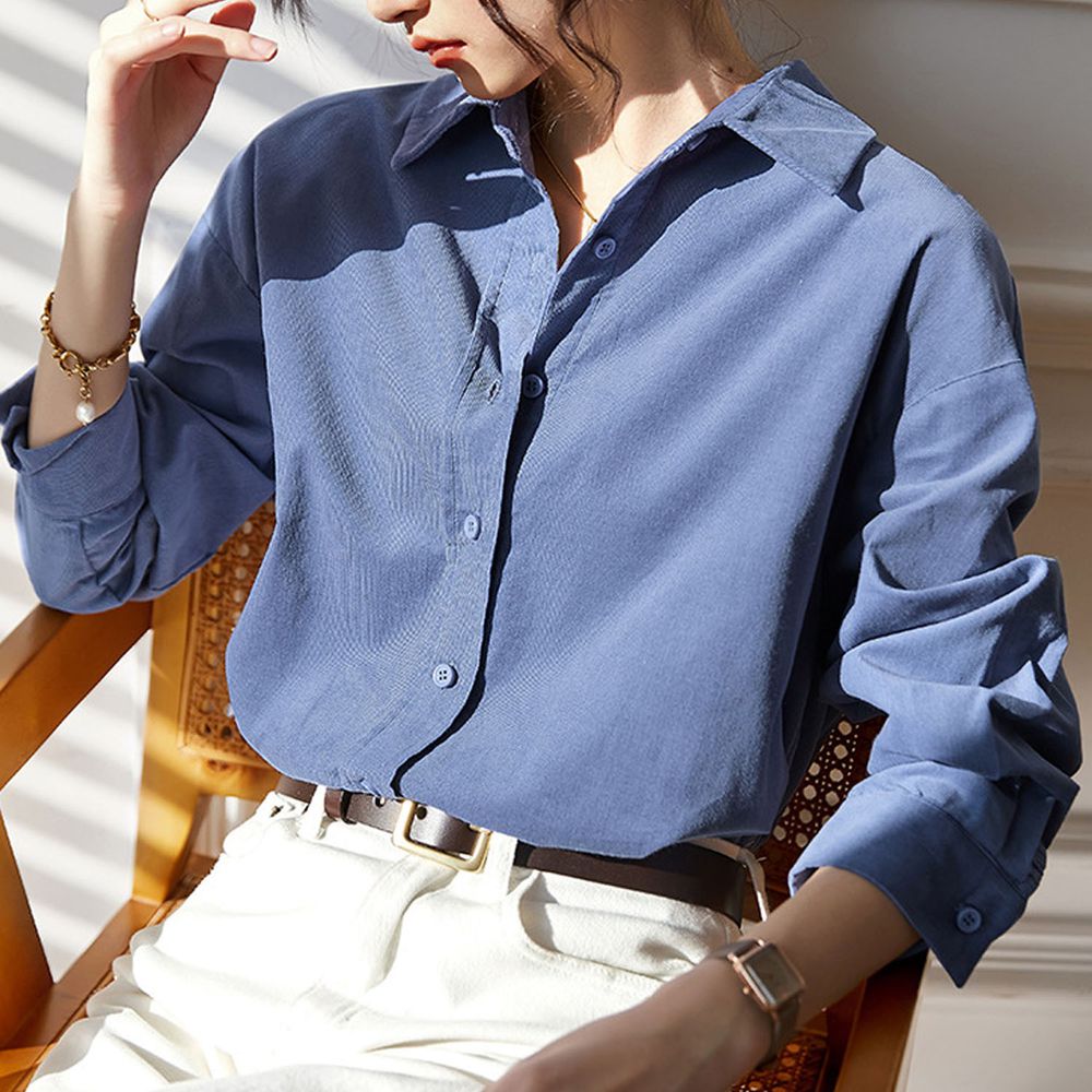 法式溫柔純色基礎長袖襯衫-藍色