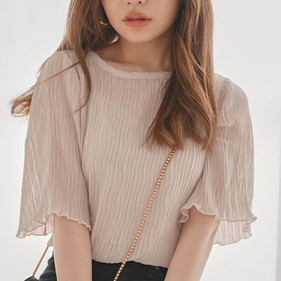 日本 GRL - 輕盈波浪透膚短袖上衣(附內裡)-杏 (F)