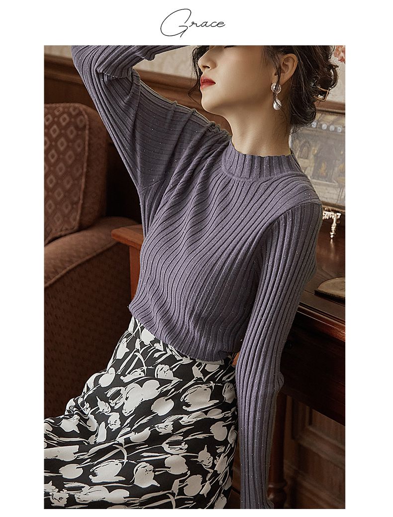 優雅百搭坑條修身針織上衣-紫色