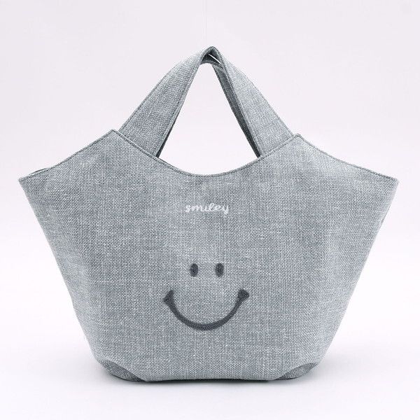 日本 COOCO - 微笑刺繡大容量手提包-淺灰 (21x25x12.5cm)