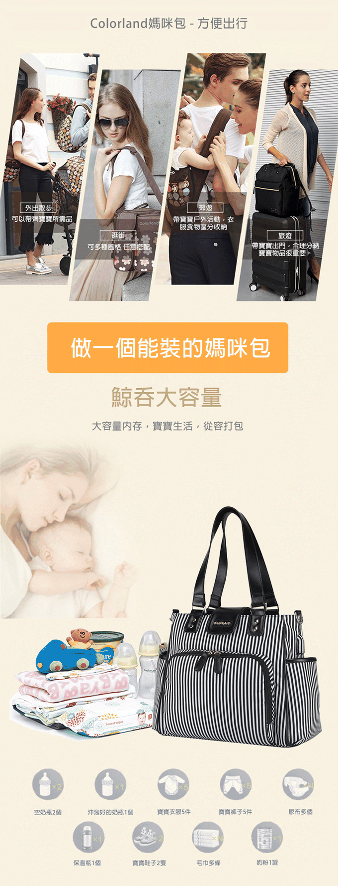 Colorland - 多格層手提&肩背包 中型時尚 附USB接頭-灰色 (35*16*28cm)