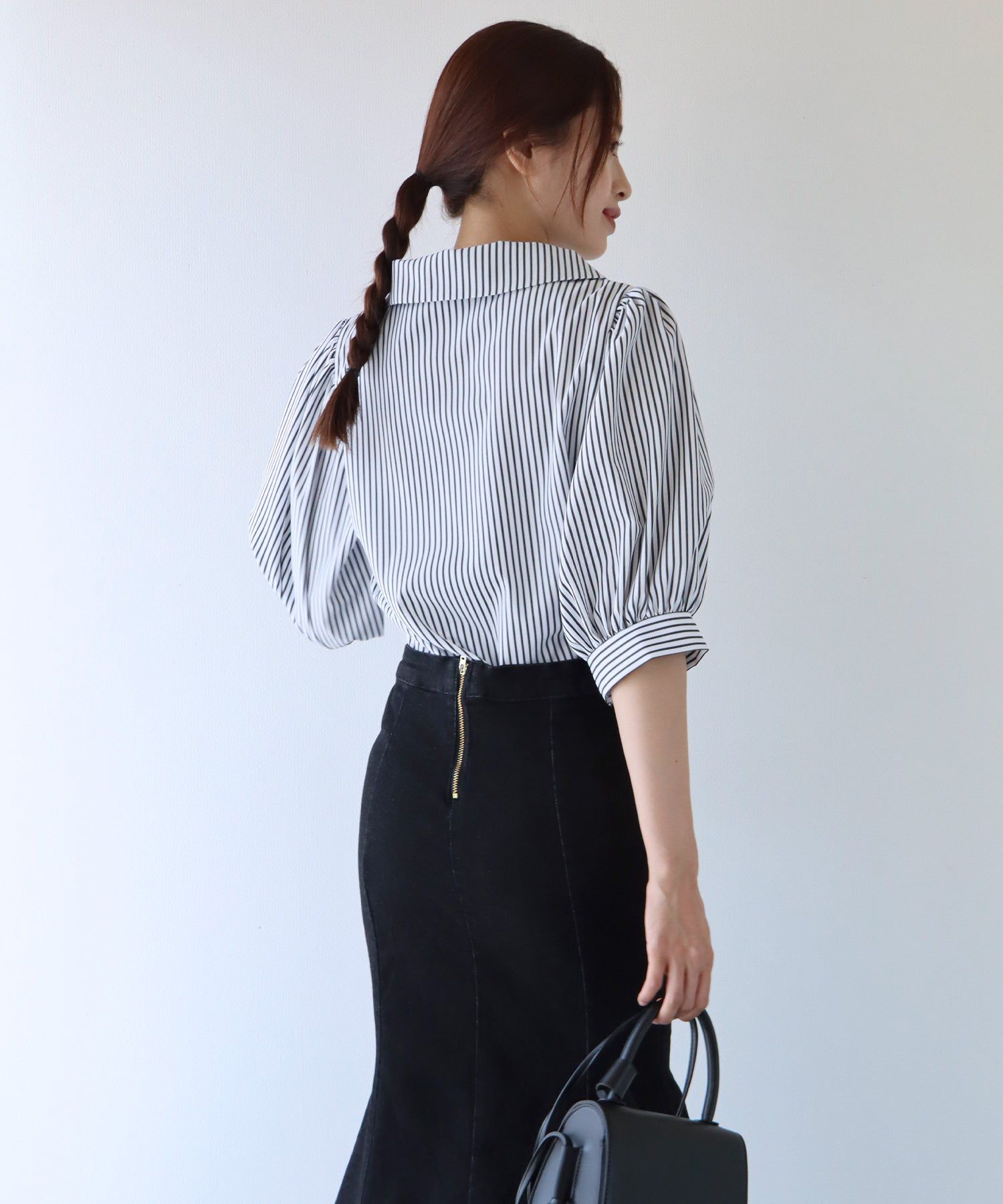 日本 BLUE EAST - 百搭翻領澎澎袖襯衫-直條紋-水藍