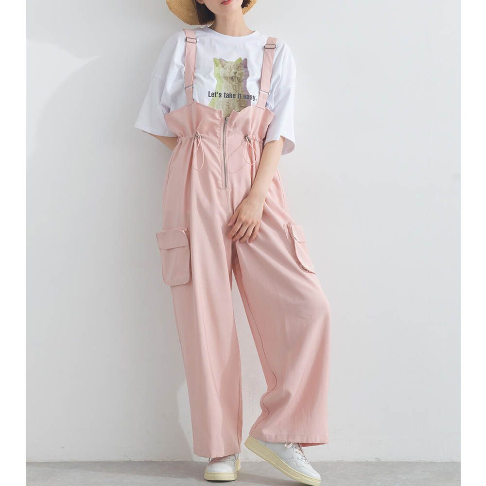 柔軟可愛抽繩束腰工裝風吊帶褲-粉紅