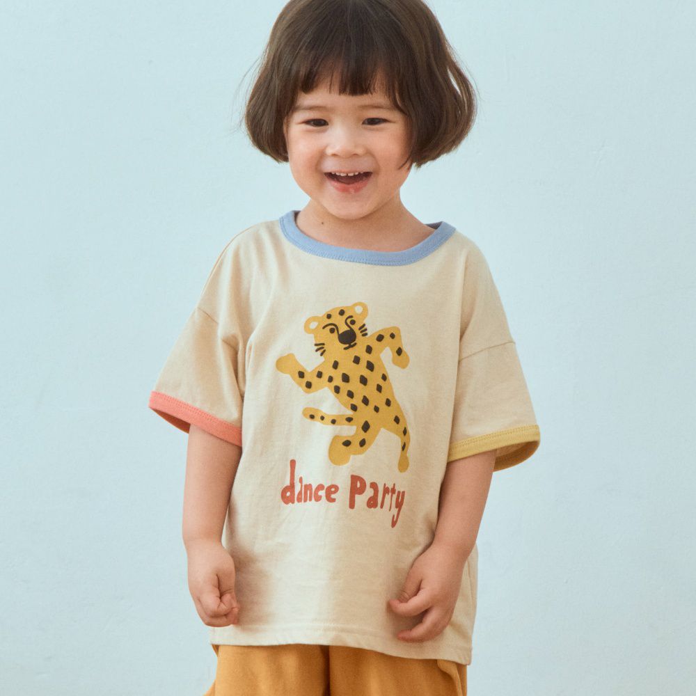 First Blue 跳舞動物純棉短袖上衣-花豹-卡其杏