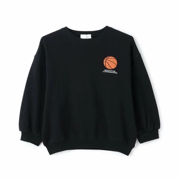日本 b-ROOM - 100%棉 運動風印花縮口大學長袖上衣-籃球-黑