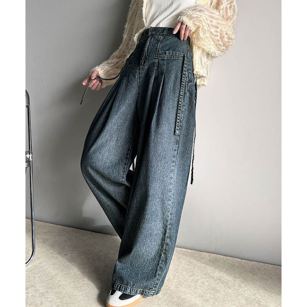 側蝴蝶結純棉丹寧摺線寬褲-(環保材質)-霧深藍