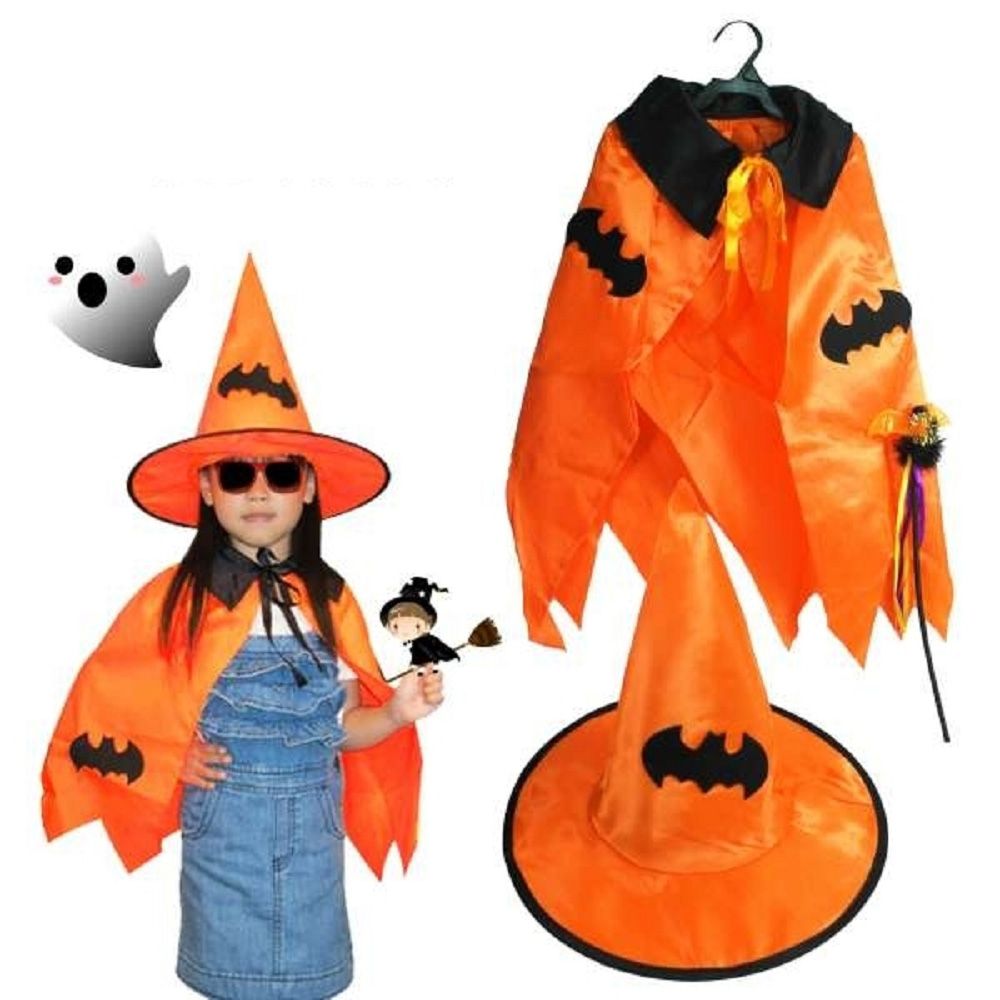 MODACore 摩達客 - 萬聖節派對道具-蝙蝠披風(橘色)+帽子+手杖三件組合 (披風：長60cm/帽圍50cm/帽高30cm/手杖30cm)-一組三件
