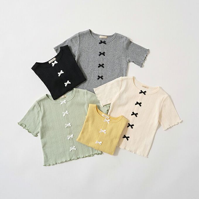 日本 Lycee mine - 可愛女孩蝴蝶結針織短袖上衣-灰