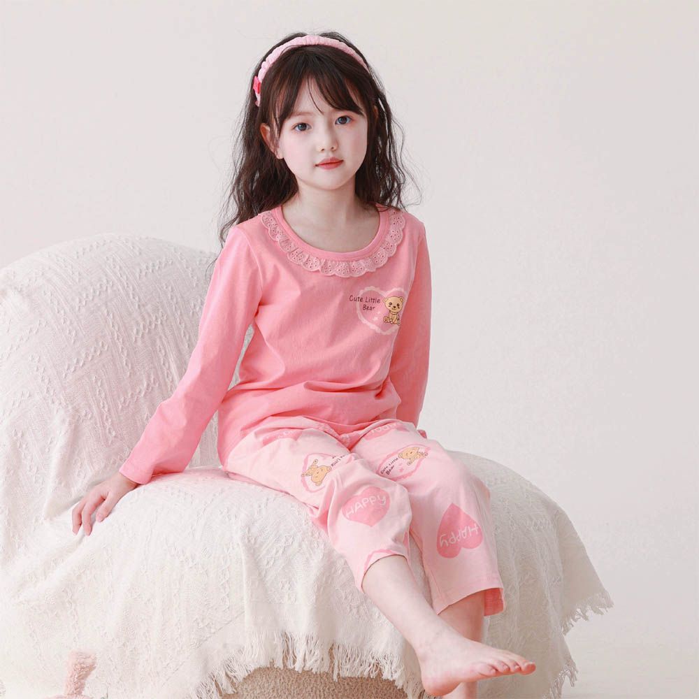 純棉花邊領長袖家居服套裝/空調服-愛心熊-粉色