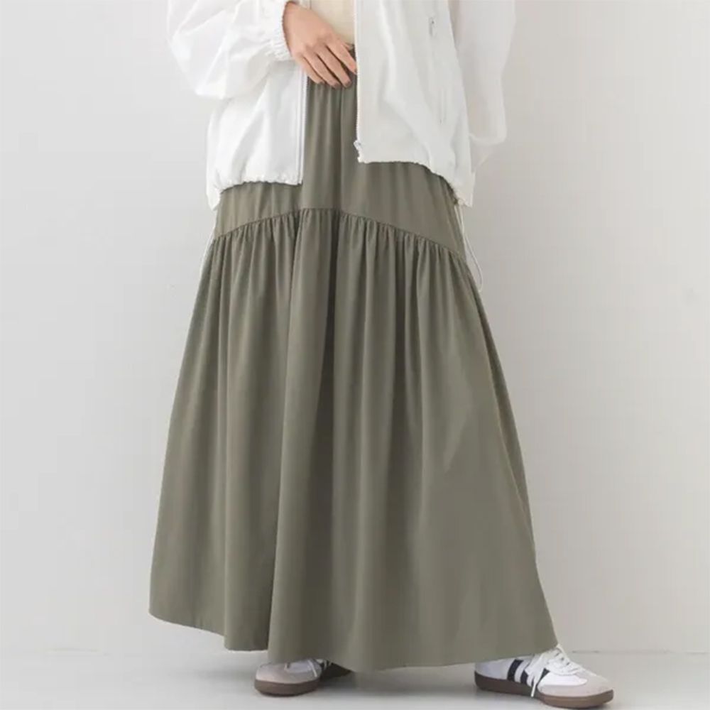 輕量機能工裝風尼龍圓弧長裙-軍綠