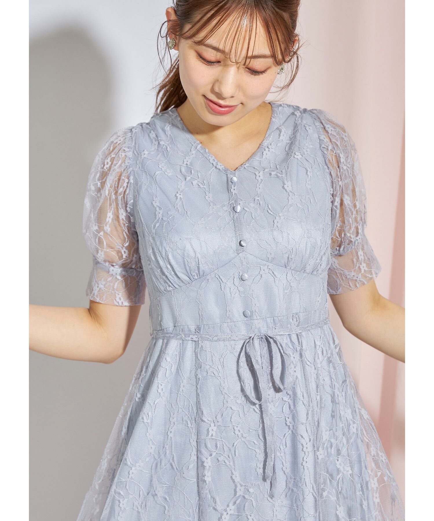 日本 tocco-closet - 優雅V領蕾絲縮腰洋裝-磚橘