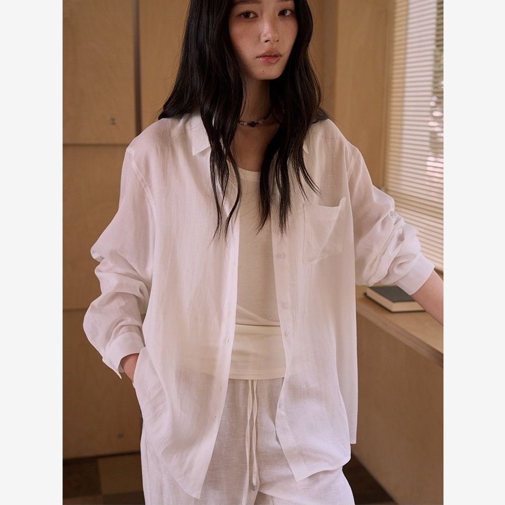 極簡慵懶天絲亞麻輕盈呼吸襯衫-白