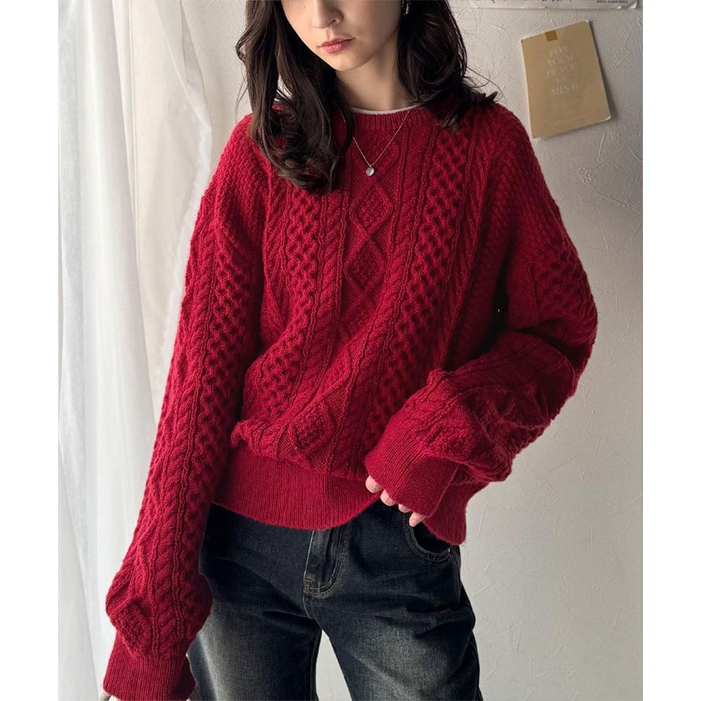 經典圓領麻花編織素面毛衣-紅