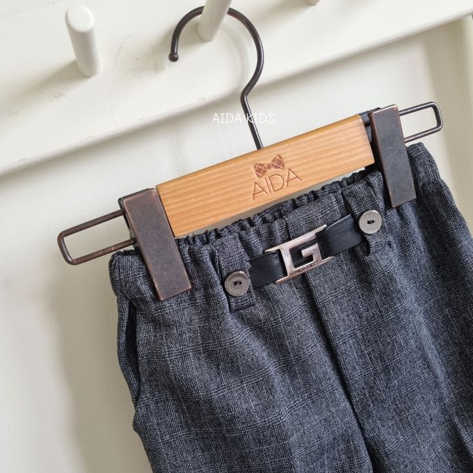 韓國 AIDA - 裝飾腰帶鬆緊腰直筒長褲-黑灰