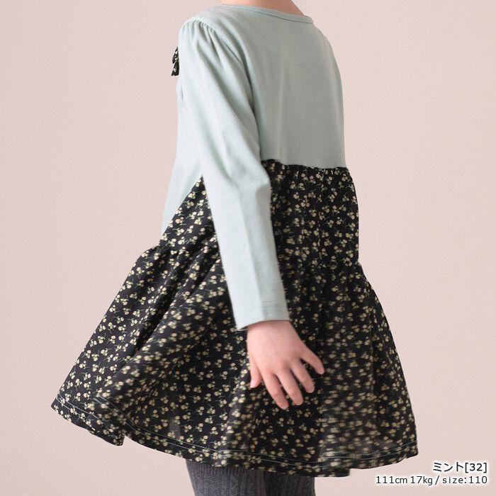 日本 TORIDORY - 碎花拼接長袖洋裝-薄荷