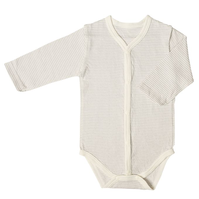 akachan honpo - 長袖前開包屁衣2件組-蓬鬆棉 木馬&橫紋-咖啡色