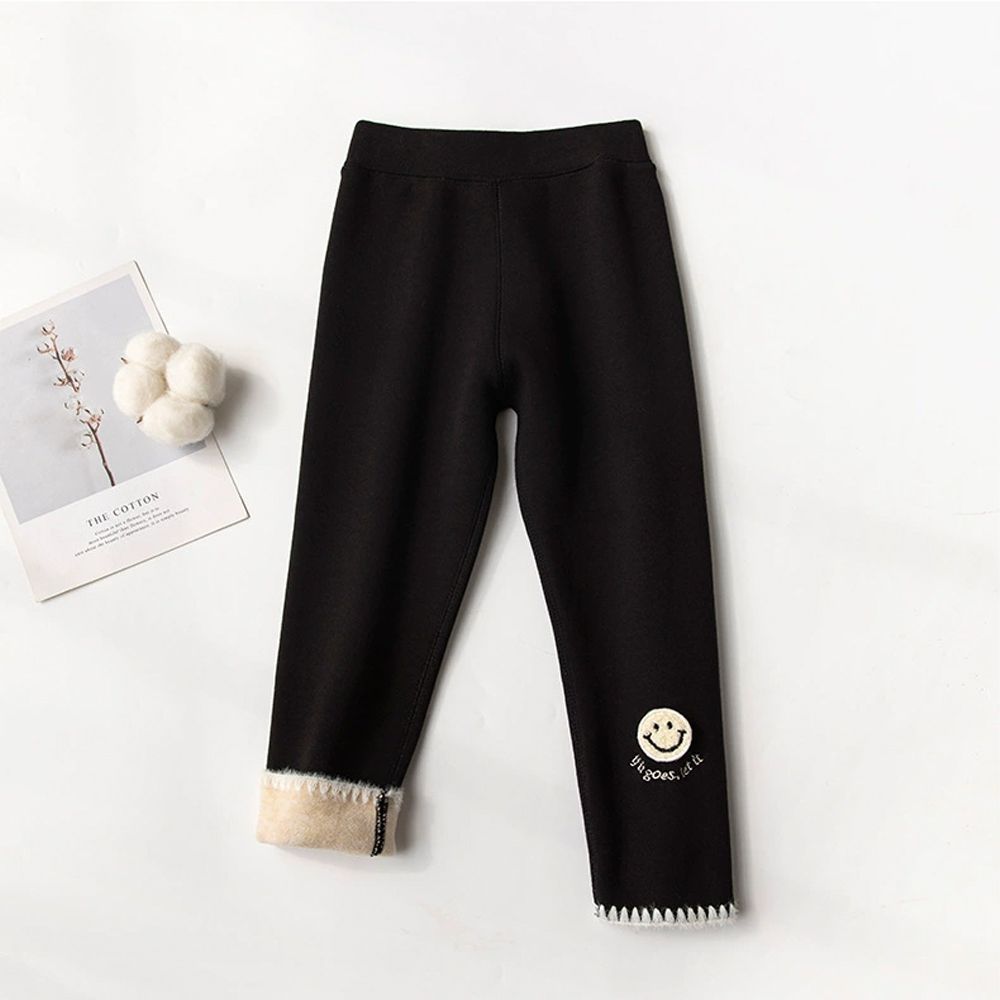 加絨腰鬆緊保暖內搭褲-毛線笑臉-黑色