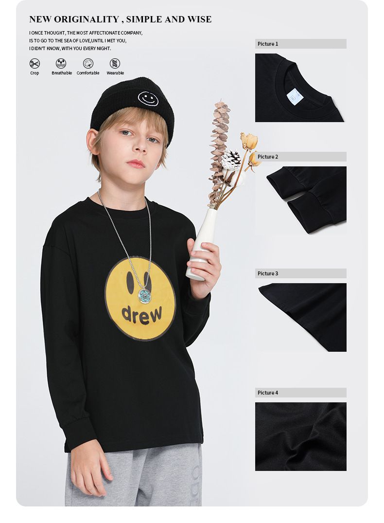 純棉基礎款長袖上衣-drew笑臉-黑色