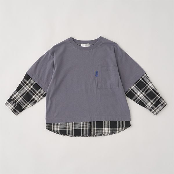 日本 b-ROOM - 假二件寬版大口袋長袖上衣-海軍藍x灰格紋