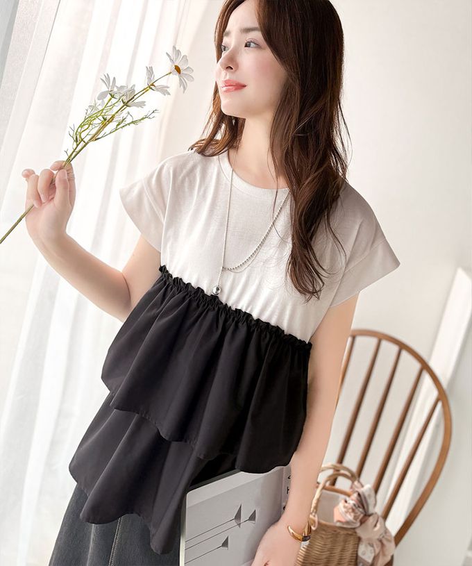 日本 Classical Elf - 浪漫不對稱拼接荷葉短袖上衣-炭灰