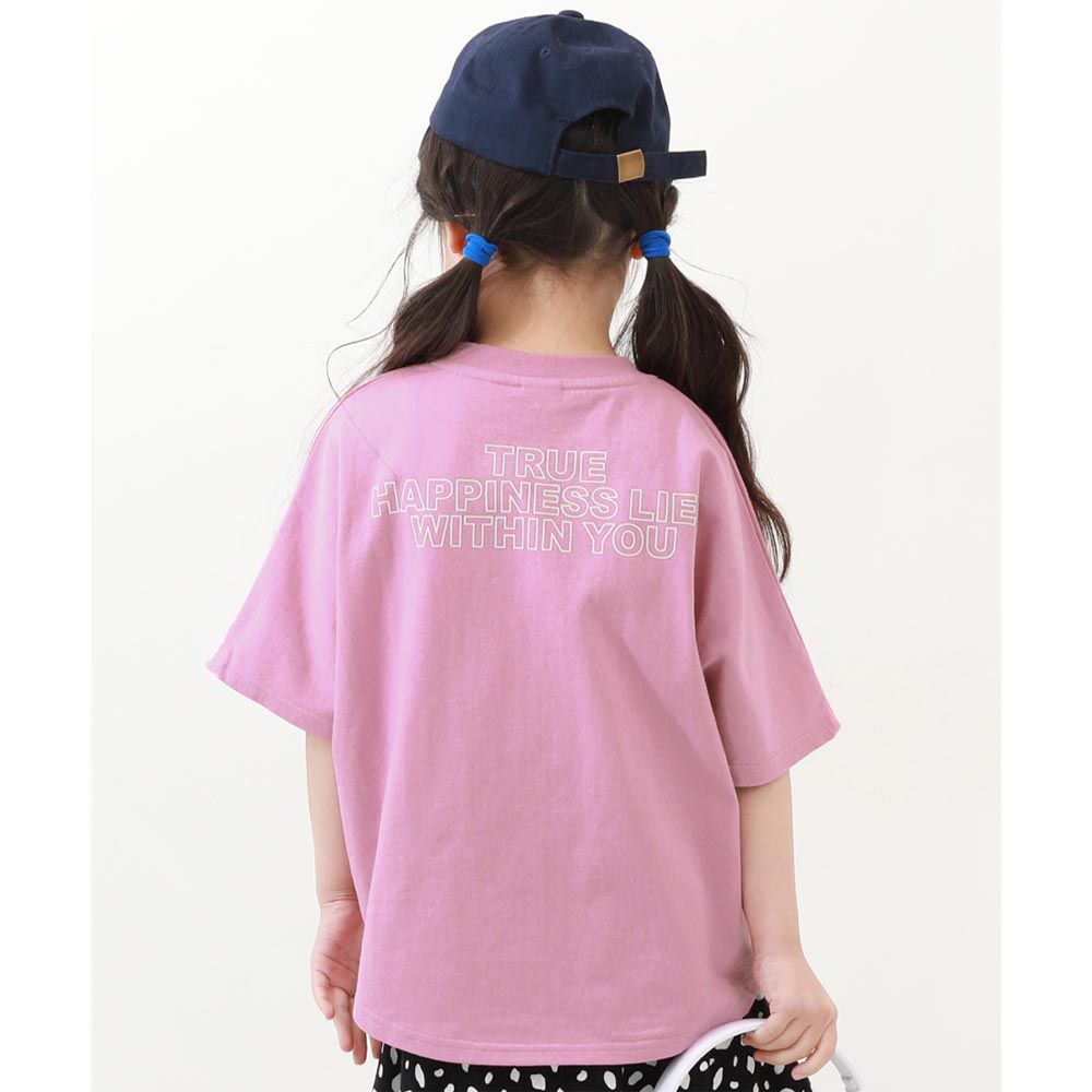 日本 devirock - 100%棉 落肩寬鬆短袖上衣-英文logo-粉紅