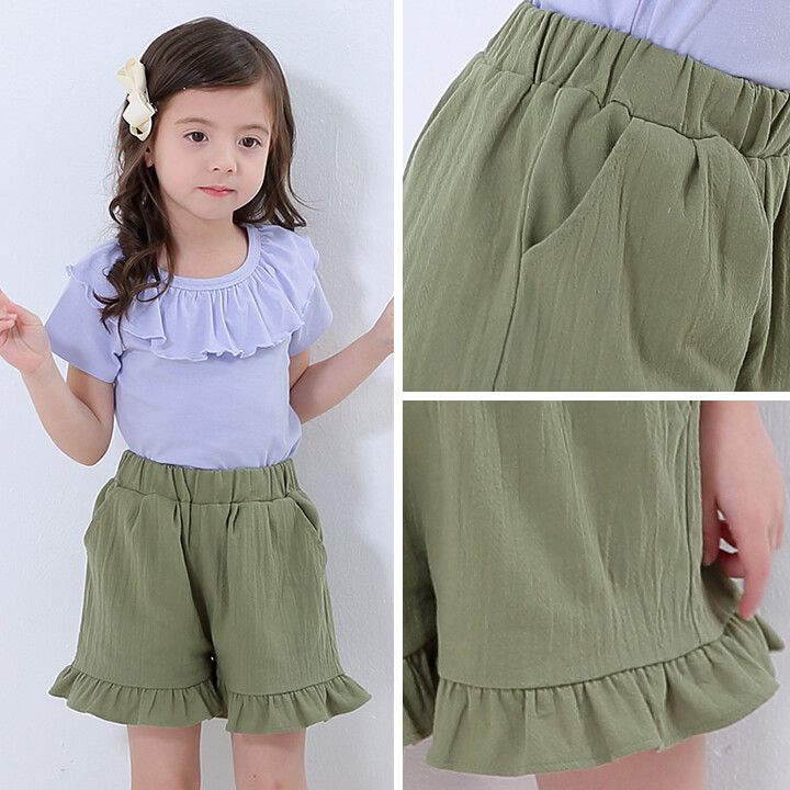 日本 Maison de Ravi - 浪漫荷葉邊短褲-卡其綠