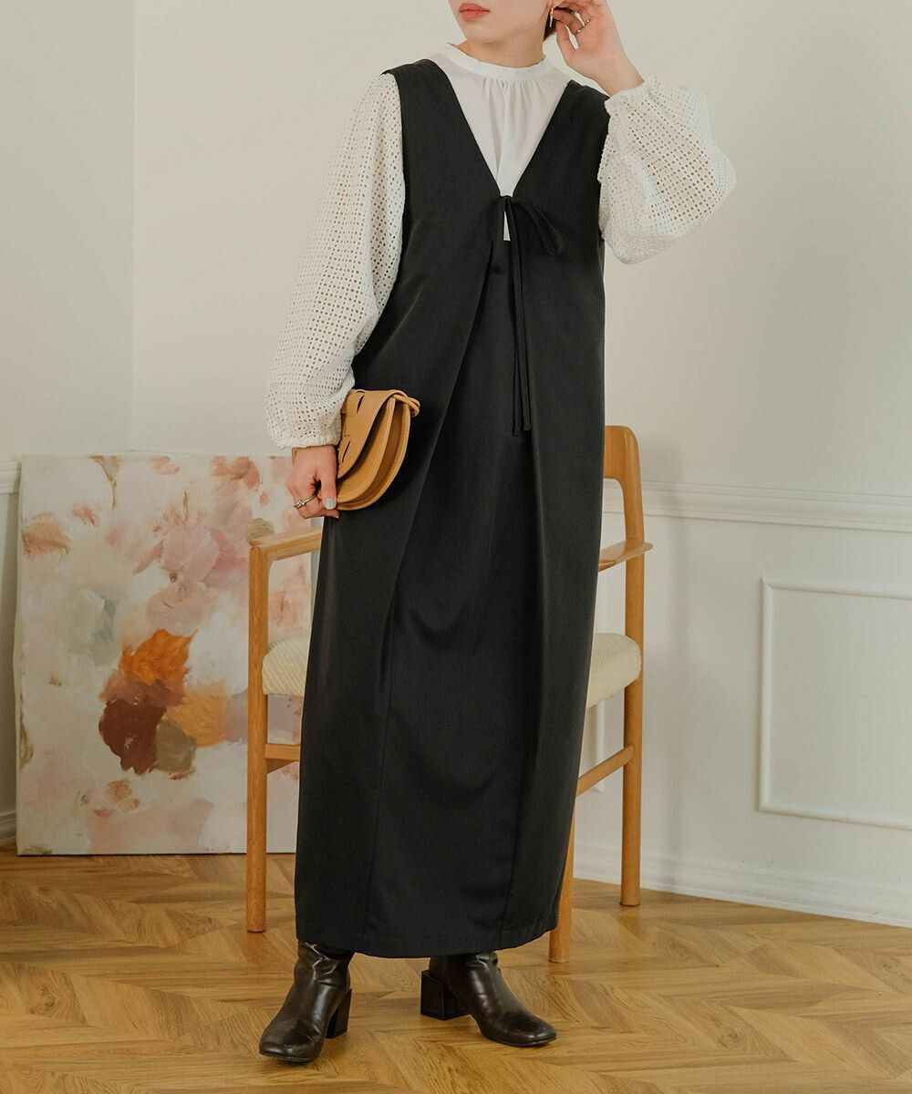 日本 Bab - [日雜推薦] 氣質綁帶V領背心裙-石英灰