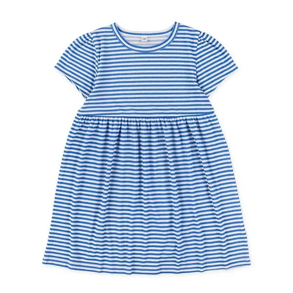 夏日定番條紋短袖洋裝-藍白