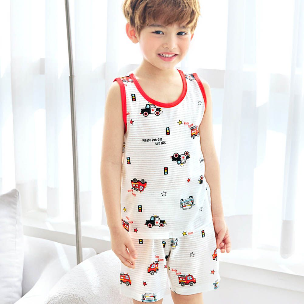 透氣條紋提花棉無袖家居服-紅燈救護車