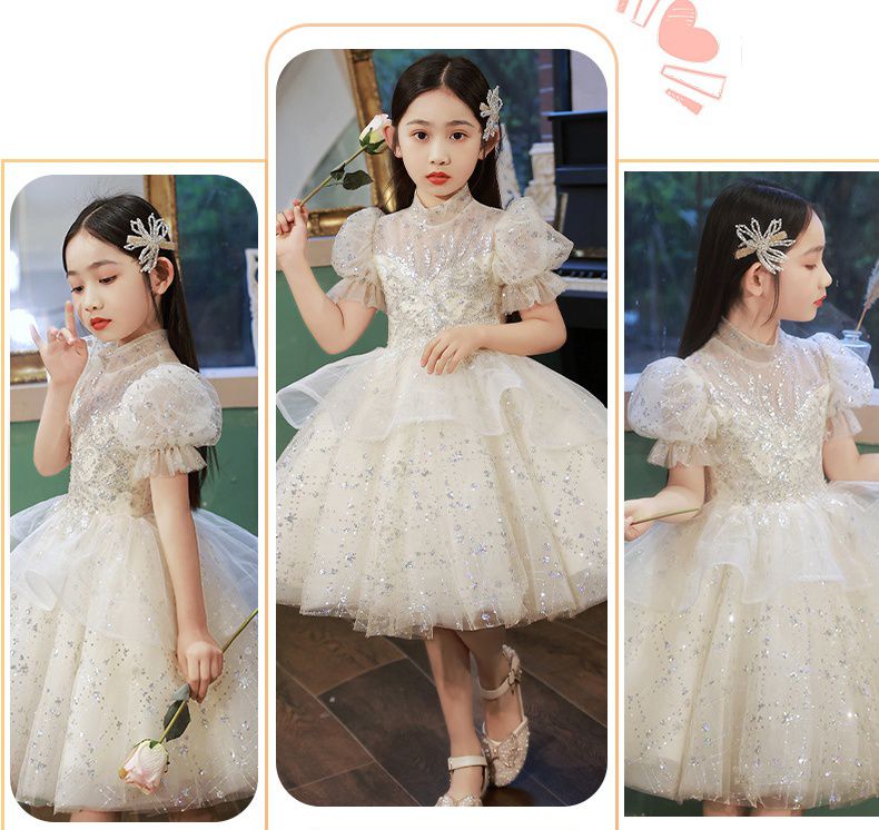 半高領立體雙層網紗公主袖禮服-星星亮片-香檳色