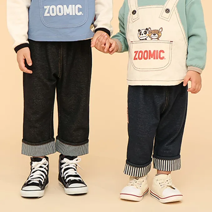 日本 ZOOLAND - 可愛熊口袋條紋反摺七分褲-小熊-黑