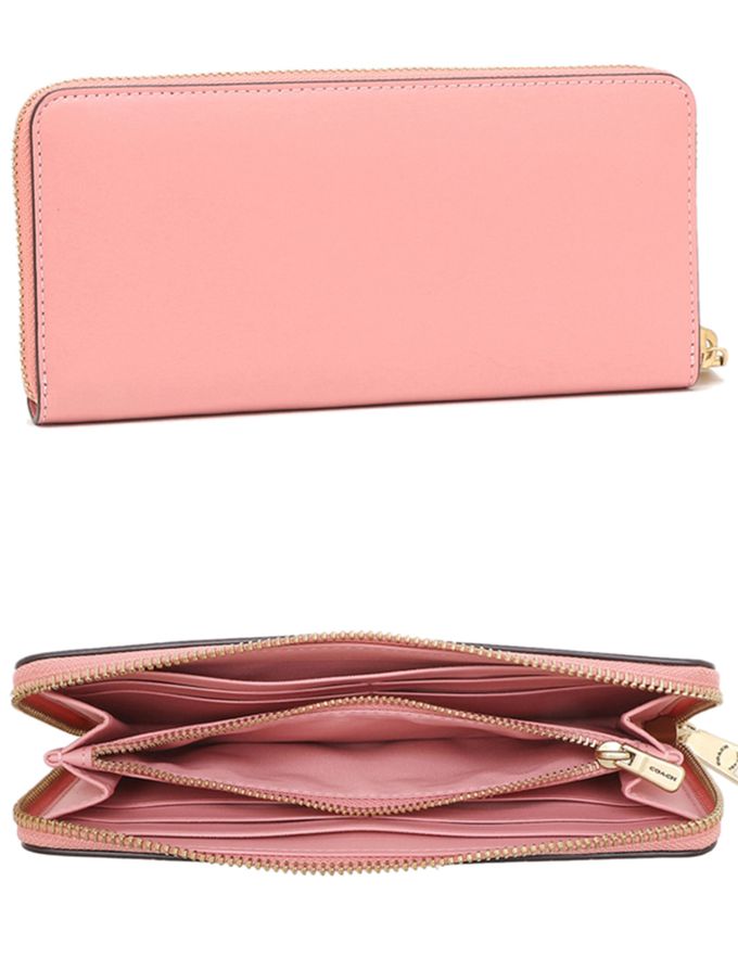 COACH - 素面皮革拉鍊長夾 (粉)