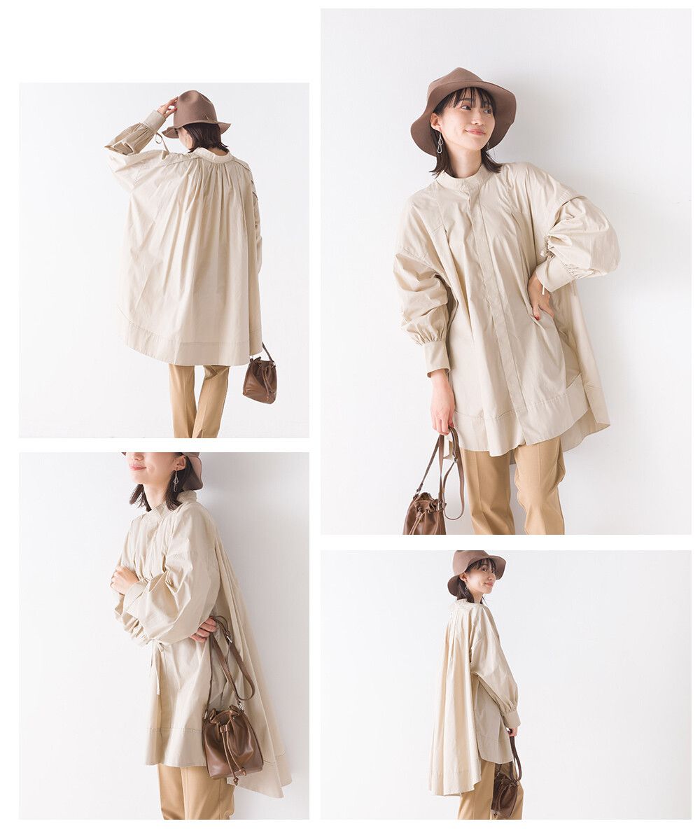 日本 OMNES - 文藝氣質糖果袖立領長袖襯衫-淺米杏