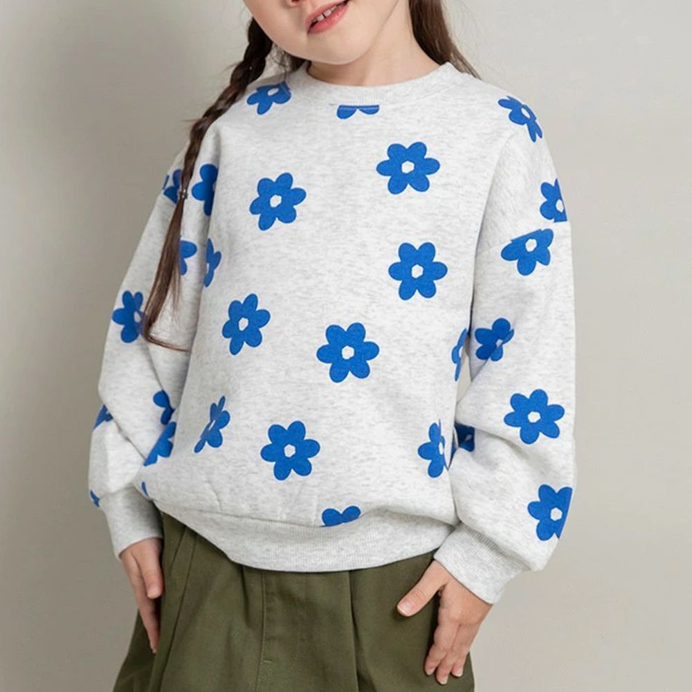 裏起毛 可愛女孩縮口長袖上衣-滿版花朵-淺灰