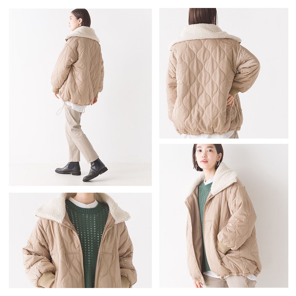 日本 OMNES - 短絨翻領泡泡紋鋪棉保暖外套-卡其