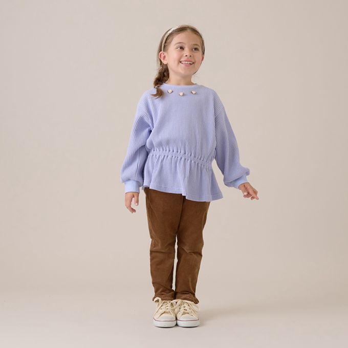 日本 Lycee mine - 華夫格領口小花束腰長袖上衣-淺藍