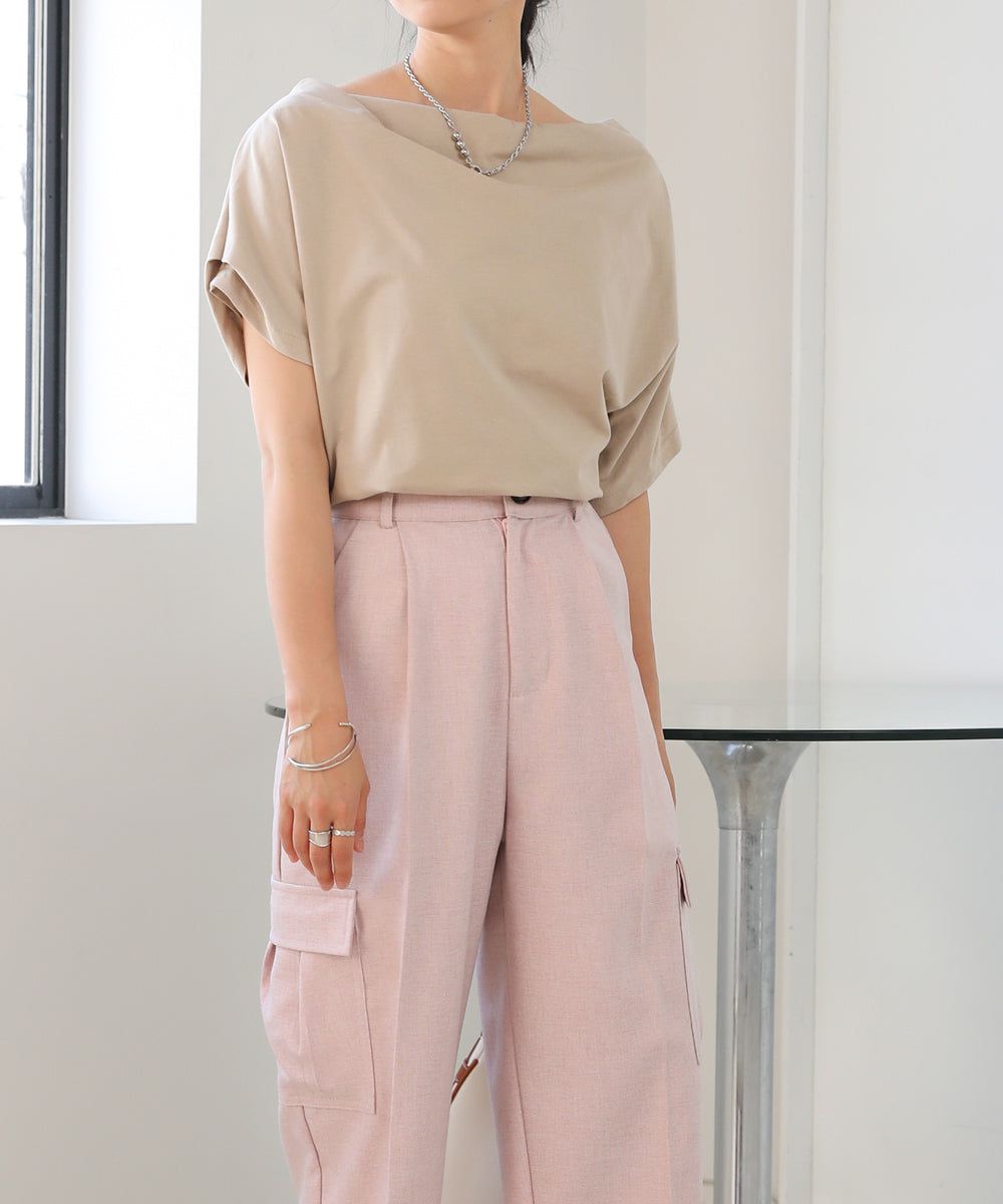 日本 Bab - 不對稱落肩設計短袖上衣-淺藍紫